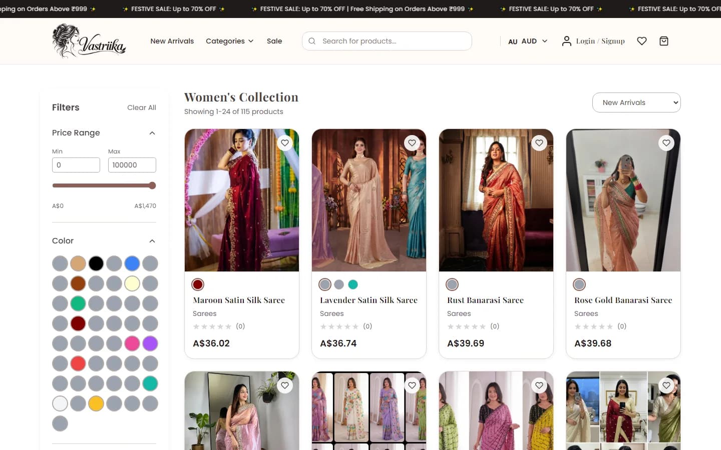 Vastriika shop page with products